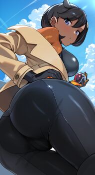 1girl ass ass_focus black_bodysuit black_hair blue_eyes blue_sky bodysuit breasts brown_jacket cloud cloudy_sky commentary_request dark-skinned_female dark_skin day emma_(pokemon) from_below hair_between_eyes hair_ornament hand_on_own_hip highres holding holding_poke_ball huge_ass jacket large_breasts latex latex_bodysuit long_sleeves looking_at_viewer nintendo outdoors poke_ball pokemon pokemon_legends:_z-a shiitake_taishi short_hair sky solo thigh_gap
