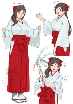 1girl absurdres ahoge brown_eyes cowboy_shot full_body hair_over_shoulder hakama half_updo highres japanese_clothes kantai_collection kimono long_hair mamiya_(kancolle) miko multiple_views ojipon red_eyes red_hakama sandals simple_background smile socks swinging_gohei tabi w_arms water white_background white_kimono white_socks