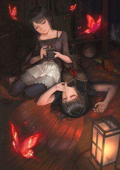 2021 2girls absurdres alphonse_(white_datura) amakura_mayu amakura_mio bellows_camera black_hair bug butterfly camera camisole camisole_over_clothes closed_eyes closed_mouth fatal_frame fatal_frame_ii:_crimson_butterfly highres insect lantern multiple_girls paper_lantern red_butterfly short_hair siblings sisters twins
