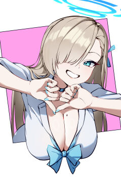 Rule 34 | 1girl, absurdres, asuna (blue archive), asuna (school uniform) (blue archive), blonde hair, blue archive, blue eyes, blue halo, blue nails, blue ribbon, blue scrunchie, bow, bowtie, breasts, chinese commentary, commentary request, hair over one eye, halo, highres, large breasts, long hair, looking at viewer, loose bowtie, mole, mole on breast, ribbon, school uniform, scrunchie, shanqianqian 377, shirt, sleeves rolled up, smile, solo, white shirt