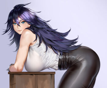 1girl arm_rest armpit_crease artist_name ass bare_shoulders bent_over black_hair black_pants blue_eyes boku_no_hero_academia breasts closed_mouth cuffs desk easonx female_focus from_side hair_between_eyes hair_over_shoulder handcuffs hanging_breasts large_breasts leaning_on_object long_hair looking_at_viewer midnight_(boku_no_hero_academia) mole mole_under_eye pants red-framed_eyewear shirt shirt_tucked_in sleeveless sleeveless_shirt smile solo thick_thighs thighs tight_clothes tight_pants white_shirt