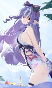 3girls absurdres alice_thymefield alice_thymefield_(sea_of_thyme) bare_shoulders blue_sky bow braid breasts casual_one-piece_swimsuit chinese_commentary commentary_request day freeeeeeeeeee from_side hair_bow half_up_braid highres long_hair looking_at_viewer looking_to_the_side multicolored_hair multiple_girls official_alternate_costume one-piece_swimsuit outdoors pointy_ears purple_bow purple_hair sideboob sidelocks sky solo_focus streaked_hair swimsuit thigh_strap thighs ukinami_yuzuha ukinami_yuzuha_(tanuki_in_broad_daylight) very_long_hair vivian_banshee vivian_banshee_(iris_of_the_shore) white_one-piece_swimsuit wind zenless_zone_zero