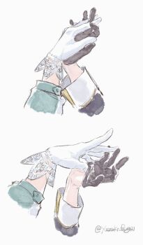 black_gloves character_request check_character disembodied_hand gloves grey_background hand_focus highres holding_hands interlocked_fingers lace lace-trimmed_gloves lace_trim long_sleeves mejiro_ramonu_(umamusume) puffy_long_sleeves puffy_sleeves simple_background tanino_gimlet_(umamusume) twitter_username umamusume undressing_another white_gloves yuri yuzuki_v