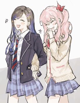 +++ 1girl 1other akiyama_mizuki androgynous bad_id bad_twitter_id black_hair black_jacket blazer blue_hair cardigan closed_eyes collared_shirt diagonal-striped_clothes diagonal-striped_necktie grey_background hair_ornament hairclip hand_in_pocket hand_up jacket kamiyama_high_school_uniform_(project_sekai) lapels laughing locked_arms long_hair multicolored_hair multicolored_necktie necktie notched_lapels open_clothes open_jacket open_mouth pink_hair plaid_clothes plaid_skirt pleated_skirt pocket ponytail project_sekai school_uniform shiraishi_an shirt sidelocks skirt star_(symbol) star_hair_ornament striped_clothes tm555 two-tone_background two-tone_hair white_background