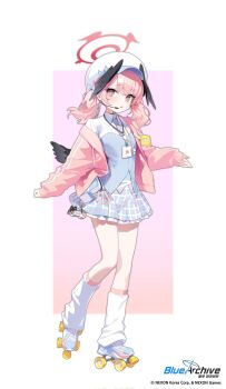 1girl amejaga armband black_wings blue_archive blue_shoes collared_shirt copyright_name full_body halo hashtag-only_commentary head_wings highres jacket koharu_(blue_archive) long_sleeves looking_at_viewer loose_socks low_wings medium_hair name_tag official_art open_clothes open_jacket parted_lips pink_eyes pink_jacket roller_skates shirt shoes simple_background skates skirt socks solo standing two-tone_background white_socks wings yellow_armband