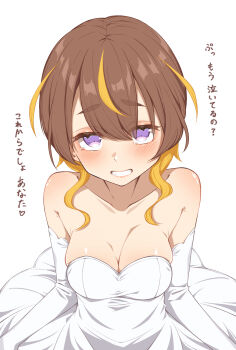 Rule 34 | 1girl, anya melfissa, aobara hairi, bare shoulders, blonde hair, blush, breasts, bride, brown hair, cleavage, collarbone, commentary, dress, elbow gloves, eyelashes, from above, gloves, grin, hair between eyes, highres, hololive, hololive indonesia, looking at viewer, multicolored hair, purple eyes, short hair, shoulder blush, sidelocks, smile, solo, streaked hair, tearing up, translation request, upper body, virtual youtuber, wedding dress, white background, white dress, white gloves