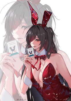 1girl absurdres ame_(3333) animal_ear_hairband animal_ears azur_lane bare_shoulders black_hair black_pantyhose bow bowtie breasts cleavage commentary_request fake_animal_ears hair_over_one_eye hairband highres holding holding_id_card id_card lanyard large_breasts leaning_forward leotard long_hair looking_at_viewer official_alternate_costume pantyhose playboy_bunny rabbit_ear_hairband rabbit_ears red_bow red_bowtie red_eyes red_hairband red_leotard strapless strapless_leotard taihou_(azur_lane) taihou_(fun_on_the_baize)_(azur_lane) upper_body very_long_hair white_wrist_cuffs wrist_cuffs zoom_layer
