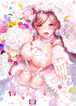 1girl :d blue_flower blue_gemstone blush botan_mochito bouquet bow bow_panties breasts bridal_veil bride brown_hair choker cleavage daisy_(flower) detached_sleeves diamond_(gemstone) dress earrings female_focus flower footwear_flower frills garter_belt garter_straps gem glint heart heart-shaped_pupils highres holding holding_bouquet jewelry large_breasts long_hair looking_at_viewer necklace nemophila_(flower) open_mouth original ornate_ring panties pearl_necklace pink_flower pink_rose primrose_(flower) purple_eyes reaching reaching_towards_viewer red_flower red_rose revealing_clothes ring rose sidelocks skindentation smile solo swept_bangs symbol-shaped_pupils thighhighs underwear veil very_long_hair wedding wedding_dress wedding_ring white_dress white_flower white_footwear white_garter_belt white_panties white_rose white_thighhighs yellow_flower
