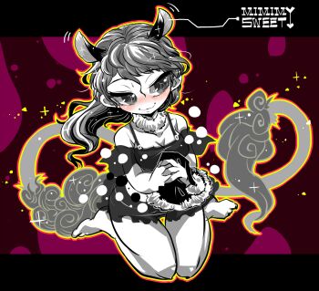 1girl adapted_costume animal_ears bare_legs blob blush breasts cleavage detached_collar doremy_sweet dress english_text feet female_focus full_body half-closed_eyes hat head_tilt hip_focus holding holding_unworn_clothes holding_unworn_hat legs letter letterboxed long_hair looking_to_the_side monochrome nightcap off-shoulder_dress off_shoulder outline see-through_clothes short_dress short_sleeves sitting smile solo sparkle symbol-shaped_pupils tail tapir_tail thighs toes touhou unworn_hat unworn_headwear wariza wavy_mouth yt_(wai-tei)