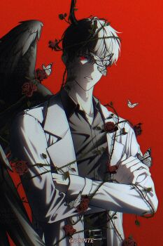 Rule 34 | 1boy, 28ente, absurdres, belt, black hair, black shirt, black wings, brambles, bug, butterfly, butterfly on face, butterfly on hand, chromatic aberration, clenched teeth, coat, collared shirt, cowboy shot, crossed arms, demon horns, entangled, feathered wings, gloves, head tilt, highres, horns, insect, kim dokja, looking at viewer, male focus, monarch butterfly, official alternate costume, omniscient reader's viewpoint, one eye covered, open clothes, open coat, parted lips, red eyes, serious, shirt, short hair, solo, teeth, thorns, white butterfly, white coat, white gloves, wings