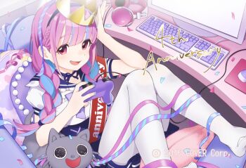 1girl anniversary black_hairband blue_hair blue_nails blue_sailor_collar blush booota braid commentary_request computer_keyboard computer_mouse confetti controller crown fingernails frilled_sailor_collar frills game_controller hairband headphones holding holding_controller holding_game_controller hololive looking_at_viewer minato_aqua minato_aqua_(sailor) monitor mousepad_(object) nail_polish neko_(minato_aqua) official_alternate_costume official_alternate_hairstyle official_art pantyhose pink_eyes purple_hair sailor_collar sash shirt solo streamers tongue twin_braids virtual_youtuber white_pantyhose white_shirt