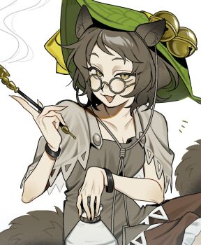 Rule 34 | 1girl, animal ears, bell, breasts, brown hair, brown shirt, brown skirt, cleavage, collarbone, commentary request, fang, futatsuiwa mamizou, glasses, holding, holding smoking pipe, jingle bell, kiseru, leaf hat, looking at viewer, medium hair, open mouth, raccoon ears, raccoon girl, raccoon tail, sakic43899, shirt, skirt, smile, smoke, smoking pipe, solo, tail, touhou, yellow eyes