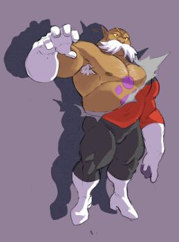 1boy bald bara bare_pectorals dragon_ball dragon_ball_super facial_hair highres large_pectorals long_mustache male_focus mature_male muscular muscular_male mustache nipples pectorals phineart pride_trooper_uniform solo sparse_chest_hair standing strongman_waist thick_eyebrows thick_thighs thighs toppo_(dragon_ball) veiny_face