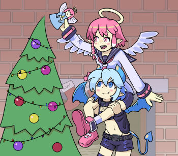 angel angel_boy angel_halo angel_wings boots collar crop_top crossdressing demon demon_boy demon_horns demon_tail demon_wings detached_sleeves fang femboy horns japanese_clothes kuu pink_eyes pink_hair pointy_ears purple_eyes qwarq sailor_fuku school_uniform shorts shota sulfur tail thigh_boots thong trap white_hair wings