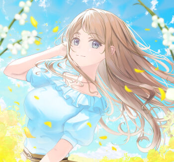 1girl absurdres aqua_(eos8012) bang_dream! bang_dream!_it's_mygo!!!!! blue_eyes blue_shirt breasts brown_hair closed_mouth commentary falling_petals highres jewelry korean_commentary long_hair looking_at_viewer medium_breasts nagasaki_soyo necklace petals puffy_short_sleeves puffy_sleeves shirt short_sleeves sidelocks solo upper_body