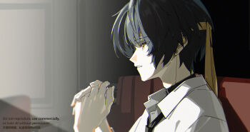 1boy asaba_harumasa bingzhen_h2o black_choker black_hair black_necktie chair choker commentary_request earrings headband highres indoors interlocked_fingers jewelry looking_ahead male_focus movie_theater necktie on_chair own_hands_together parted_lips shirt short_hair sitting solo theater_seating upper_body white_shirt yellow_eyes yellow_headband zenless_zone_zero