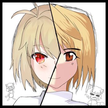 Rule 34 | 1girl, antenna hair, arcueid brunestud, before and after, blonde hair, blush, light smile, looking at viewer, mellox2004, neco-arc, neco-arc chaos, neco spirit, portrait, red eyes, short hair, simple background, smile, solo focus, sweater, tsukihime, tsukihime (remake), turtleneck, white sweater