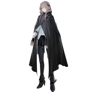 1girl ankle_boots arknights asymmetrical_legwear black_boots black_cloak black_gloves black_pantyhose black_skirt black_thighhighs boots brown_eyes brown_hair chuzenji cloak closed_mouth demon_horns fingerless_gloves full_body gloves high_heel_boots high_heels horns long_hair long_sleeves official_art pantyhose pleated_skirt rosella_(arknights) simple_background single_leg_pantyhose single_thighhigh skirt solo standing tachi-e thighhighs third-party_source transparent_background uneven_legwear