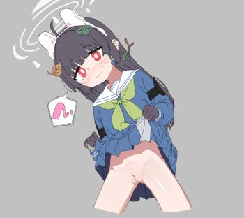 1girl ? ahoge animal_ears black_gloves black_hair blue_archive blue_shirt blue_skirt blush bright_pupils closed_mouth clothes_lift cropped_legs fake_animal_ears gloves green_neckerchief grey_background halo leaf leaf_on_head lifting_own_clothes loli long_hair long_sleeves miyu_(blue_archive) neckerchief pussy rabbit_ears red_eyes sailor_collar shirt simple_background skirt skirt_lift smile solo spoken_question_mark uncensored white_halo white_pupils white_sailor_collar yep_(70837259)