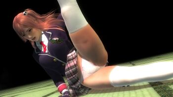 bow bowtie breasts brown_eyes clothes_lift dead_or_alive dead_or_alive_5_last_round hair_ornament handstand highres honoka_(doa) legs_apart nao_(pixiv_5120470) outstretched_arm panties pink_hair school_uniform screencap simple_background skirt skirt_lift socks thighhighs thighs underwear upskirt