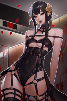 1girl artist_name bare_shoulders black_gloves black_hair black_leotard blood blood_on_wall breasts capelet choker contrapposto covered_navel cowboy_shot elevator eyeshadow falling_petals fingerless_gloves flower garter_straps gloves gluteal_fold hair_flower hair_ornament hair_stick harness highres holding holding_weapon indoors inhoso instagram_logo lace-trimmed_leotard lace_trim leotard lips lipstick long_hair looking_at_viewer makeup medium_breasts o-ring o-ring_harness outline patreon_logo petals red_eyes red_lips sidelocks solo spy_x_family standing thighs tight_clothes twitter_logo twitter_username underboob weapon white_outline yor_briar