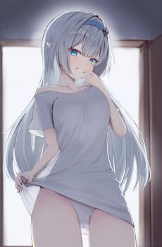 1girl absurdres backlighting bare_shoulders blue_eyes breasts clothes_lift collarbone commentary_request door female_tyrant_(stella_sora) finger_to_mouth grin hair_between_eyes hair_ornament hand_up headband highres light_blush light_particles long_hair looking_at_viewer nomi_(gpjg7877) open_door panties parted_lips pointy_ears shirt shirt_lift short_sleeves sidelocks single_bare_shoulder small_breasts smile solo standing stella_sora teeth thighs tyrant_(stella_sora) underwear very_long_hair white_background white_hair white_panties white_shirt