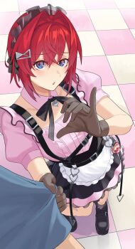 1girl apron black_ribbon black_shoes black_skirt blue_eyes blush breasts brown_gloves cafe_cutemare_uniform center_frills chest_harness collar collarbone commentary_request detached_collar frilled_apron frilled_skirt frills from_above full_body gloves gradient_eyes grey_headdress hair_intakes hair_ornament hands_up harness heart_hands_invitation highres izumi_chibi layered_skirt looking_at_viewer looking_up maid maid_headdress medium_hair miniskirt multicolored_eyes name_tag neck_ribbon nijisanji open_mouth pink_collar pink_shirt pink_skirt pinky_out pov puffy_short_sleeves puffy_sleeves purple_eyes red_hair ribbon shirt shirt_tucked_in shirt_tug shoes short_sleeves skirt small_breasts standing tile_floor tiles virtual_youtuber waist_apron white_apron