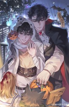 Rule 34 | 1girl, 3boys, alternate costume, bandaged arm, bandaged neck, bandages, bat (animal), belt, biyoo (omniscient reader's viewpoint), black hair, black vest, blonde hair, brooch, bucket, cape, chongc11223, cleaver, cloak, cowboy shot, fake blood, frills, ghost costume, hair ornament, halloween bucket, highres, holding, holding bucket, hood, hood up, hooded cloak, jewelry, kim dokja, lee gilyoung, leg belt, male focus, multiple boys, omniscient reader's viewpoint, pointy ears, popped collar, shin yoosung, shirt, short hair, sign, skull hair ornament, vampire costume, vest, white shirt, wolf, wolf head, yoo joonghyuk