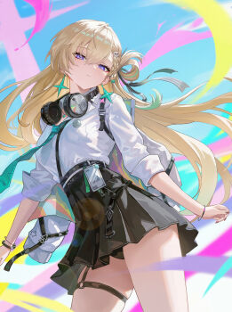 1girl aqua_necktie black_skirt blonde_hair braid braided_bangs breasts closed_mouth commentary ddcc0123 earrings hair_between_eyes hair_ornament hashtag-only_commentary headphones headphones_around_neck high-waist_skirt highres id_card jewelry long_hair looking_at_viewer lynae_(wuthering_waves) medium_breasts necktie purple_eyes shirt shirt_tucked_in skirt skull_hair_ornament solo star_(symbol) star_earrings white_shirt wuthering_waves