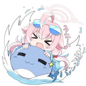 &gt;_&lt; 1girl absurdres bikini blue_archive blue_jacket blush closed_eyes eyewear_on_head facing_viewer fang hair_bobbles hair_ornament halo highres hoshino_(blue_archive) inflatable_toy jacket long_hair low_twintails master_m_489 official_alternate_costume open_clothes open_jacket open_mouth pink_hair pink_halo simple_background smile solo sunglasses swimsuit tinted_eyewear twintails water white_background white_bikini