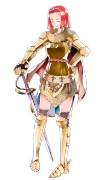 1girl armor armored_boots armored_skirt bangs_pinned_back belt boots breastplate brown_belt brown_cape brown_thighhighs cape chainmail circlet closed_eyes closed_mouth frown full_body gauntlets gold_armor kiryuu_tsukasa_(citrocube) knight_(ragnarok_online) large_variant_set official_art pauldrons pommel ragnarok:_guild_masters ragnarok_online red_hair saber_(weapon) short_hair shoulder_armor simple_background solo spurs standing sword thighhighs transparent_background variant_set weapon