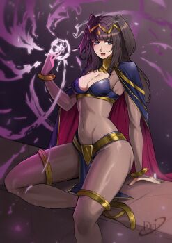 Rule 34 | 1girl, black hair, blue cape, blunt bangs, bodystocking, bracelet, breasts, bridal gauntlets, cape, casting spell, circlet, cleavage, covered navel, deliciousbrain, fire emblem, fire emblem awakening, gold choker, gold shoes, gold thighlet, groin, high heels, highres, jewelry, large breasts, long hair, looking at viewer, magic, nintendo, open mouth, pelvic curtain, shoes, sitting, smile, solo, tharja (fire emblem), thighlet, tiara, two side up