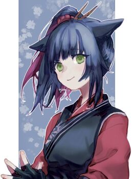 Rule 34 | 1girl, animal ears, arknights, artist name, black gloves, black vest, blue hair, blush, closed mouth, commentary request, fingerless gloves, fingernails, gloves, green eyes, japanese clothes, jessica (arknights), kimono, multicolored hair, one-hour drawing challenge, outline, own hands together, pink hair, red kimono, short hair, smile, solo, steepled fingers, streaked hair, ujoe 7hr, upper body, vest, white outline