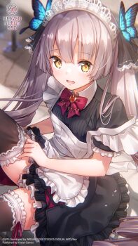 Rule 34 | 1girl, adjusting clothes, adjusting legwear, apron, black dress, black ribbon, black thighhighs, blunt bangs, blunt ends, blurry, blurry background, blush, bow, bowtie, breasts, brown hair, butterfly hair ornament, commentary, copyright logo, copyright notice, cowboy shot, diamond-shaped pupils, diamond (shape), dress, dressing, drill hair, english commentary, eyelashes, frilled apron, frilled dress, frilled sleeves, frilled thighhighs, frills, hair ornament, hair over shoulder, hair ribbon, heaven burns red, highres, indoors, knee up, lace, lace-trimmed ribbon, lace trim, logo, long hair, looking at viewer, maid, maid apron, maid headdress, official alternate costume, official alternate hairstyle, official art, official wallpaper, ogasawara hisame, ogasawara hisame (angelic genius swordswoman), open mouth, puffy short sleeves, puffy sleeves, red bow, red bowtie, red pupils, ribbon, short dress, short sleeves, sidelocks, sitting, small breasts, solo, strap slip, symbol-shaped pupils, thighhighs, thighs, twintails, very long hair, weapon, white apron, yellow eyes, zettai ryouiki