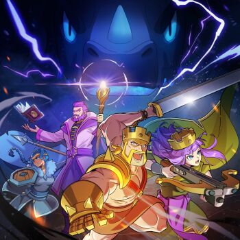 2boys 2girls archer_queen_(clash_of_clans) barbarian_king blonde_hair blue_eyes blue_hair book bow_(weapon) braid braided_ponytail cape clash_of_clans crossbow crown dress facial_hair grand_warden green_cape green_dress highres holding holding_polearm holding_shield holding_staff holding_sword holding_weapon long_hair multiple_boys multiple_girls mustache open_book open_mouth polearm purple_hair purple_robe purple_sash robe royal_champion sash shield sleeveless sleeveless_dress spear staff sword waist_sash weapon