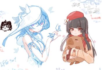 2girls armlet beret black_hair blue_hair blue_veil chisa_(wuthering_waves) closed_mouth colored_eyelashes commentary_request female_rover_(wuthering_waves) hair_between_eyes hand_up hat holding jewelry long_hair looking_at_viewer mole mole_under_eye multiple_girls namipon_(wuthering_waves) purple_eyes red_hat rover_(wuthering_waves) shorekeeper_(wuthering_waves) smile starblame two-tone_veil veil white_veil wuthering_waves