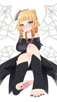 aromalilith_rosalina bare_shoulders black_dress black_gloves black_nails blush crossed_arms dress feet foot_focus gloves green_eyes highres hime_cut looking_at_viewer maidforge nail_polish simple_background solo toeless_socks toenail_polish toenails toes white_background yu-gi-oh!