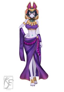 1girl ancient_egyptian_clothes animal_feet ankh armlet artist_logo black_hair breasts closed_mouth colored_skin earrings eyeshadow facial_mark gold_armlet hand_on_own_hip heart heart_facial_mark highres indie_virtual_youtuber jewelry knightfang logo lucciola_delphine makeup navel purple_eyeshadow purple_lips short_hair solo stomach virtual_youtuber yellow_eyes