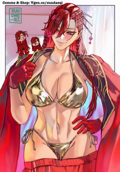 1girl bikini blush braid breasts chibi cleavage coat coat_on_shoulders fate/grand_order fate_(series) gloves gold_bikini hair_ornament hair_over_one_eye hair_stick highres large_breasts long_hair navel oda_nobunaga_(fate) oda_nobunaga_(maou_avenger)_(fate) red_coat red_eyes red_gloves red_hair smile solo swimsuit very_long_hair wwkp_(akisenpai9999)