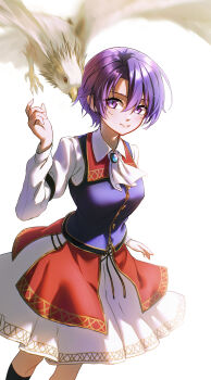1girl 1other absurdres ascot bird breasts brooch clothes_lift commentary eiyuu_densetsu english_commentary falcon hair_between_eyes highres jewelry kloe_rinz long_sleeves madou_zakura medium_breasts parted_bangs purple_eyes purple_hair short_hair sieg_(eiyuu_densetsu) simple_background skirt skirt_lift smile sora_no_kiseki upper_body white_ascot white_background