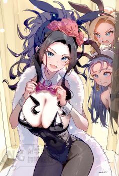Rule 34 | 3girls, :d, adjusting bowtie, animal ear hairband, animal ears, bianca (dq5), black hair, black hairband, black leotard, black pantyhose, blonde hair, blue eyes, blue hair, bow, bowtie, braid, breasts, cleavage, commentary request, covered navel, deborah (dq5), detached collar, dragon quest, dragon quest v, dressing room, earrings, fake animal ears, flora (dq5), flower, gold earrings, hair flower, hair ornament, hair pulled back, hairband, highres, hoop earrings, jewelry, large breasts, leotard, long hair, mole, mole under eye, multiple girls, numao sub, open mouth, pantyhose, pink bow, pink bowtie, playboy bunny, ponytail, rabbit ears, red flower, red rose, rose, shawl, siblings, single braid, sisters, smile, sphere earrings, strapless, strapless leotard, updo, white shawl, wrist cuffs