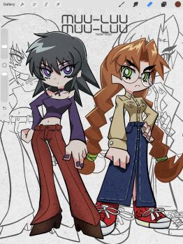 2girls absurdres ayamine_kei bare_shoulders black_choker braid braided_twintails breast_pocket breasts choker collared_shirt commentary converse crop_top deformed denim denim_skirt detached_sleeves english_commentary eyeliner full_body glasses green_eyes hair_intakes hands_on_own_hips hedprotag highres lineart long_skirt long_sleeves low-cut low_twin_braids makeup medium_breasts medium_hair multiple_girls muv-luv navel open_clothes open_skirt pants parted_bangs pocket procreate_(medium) purple_eyeliner purple_eyes purple_nails red_pants red_shoes sakaki_chizuru shirt shoes skirt thick_eyebrows twin_braids