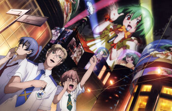 &gt;_&lt; 00s 1girl 3boys absurdres city detexted dutch_angle closed_eyes floating_screen glasses highres luca_angeloni macross macross_frontier microphone mikhail_buran multiple_boys music newtype official_art pointy_ears ranka_lee saotome_alto scan singing takahashi_yuuichi third-party_edit