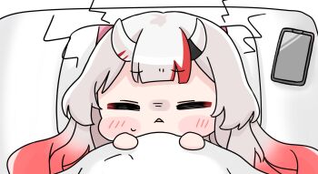 1girl :&lt; =_= blush_stickers cellphone chibi closed_eyes futon gradient_hair grey_hair hands_up highres hololive mochimiko multicolored_hair nakiri_ayame parted_lips phone pillow red_hair simple_background solo streaked_hair under_covers virtual_youtuber white_background