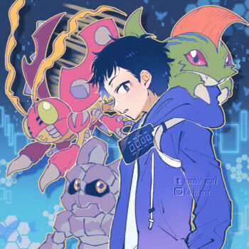 1boy amasawa_keisuke betamon black_hair blue_background blue_coat blue_eyes bug coat digimon digimon_(creature) digimon_story digimon_story:_cyber_sleuth digimon_story:_cyber_sleuth_-_hacker&#039;s_memory digivice emr7 eyewear_around_neck golem gottsumon looking_at_viewer male_focus profile red_eyes rock shirt tentomon white_shirt yellow_eyes