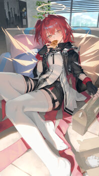 1girl absurdres arknights black_gloves black_jacket black_shorts detached_wings eating energy_wings erulusyro exusiai_(arknights) exusiai_the_new_covenant_(arknights) fingerless_gloves food gloves halo highres holding holding_food jacket one_side_up open_clothes open_jacket orange_eyes pie pie_slice red_hair shirt short_hair shorts solo thighhighs white_shirt white_thighhighs wings yellow_halo