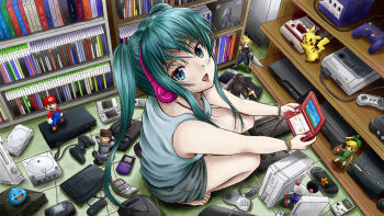 1girl 3do absurdly_detailed_composition aqua_eyes aqua_hair atari_jaguar barefoot blue_eyes blue_hair blush bomberman cloud_strife console controller cosplay crossover dragon_quest ezlo famicom female_focus final_fantasy final_fantasy_vii game_boy game_boy_(original) game_boy_advance game_boy_advance_sp game_boy_color game_boy_micro game_console game_controller gamecube gamepad gen_1_pokemon handheld_game_console hatsune_miku hatsune_miku_(cosplay) headphones highres ilolamai kneeling link loaded_interior long_hair looking_at_viewer mario mario_(series) matching_hair/eyes metal_gear_(series) metal_gear_solid nec_corporation neo_geo_cd nes nintendo nintendo_3ds nintendo_3ds_xl_(ll) nintendo_64 nintendo_ds nintendo_ds_lite otaku pc_engine pikachu playstation_1 playstation_2 playstation_3 playstation_portable playstation_vita pokemon room sega_dreamcast sega_game_gear sega_mega_drive sega_saturn shelf shorts slime_(creature) slime_(dragon_quest) solid_snake solo super_famicom super_mario_bros._1 super_nes tales_of_(series) tales_of_vesperia tank_top the_legend_of_zelda the_legend_of_zelda:_the_minish_cap toon_link toy twintails video_game vocaloid white_bomberman wii xbox_(original) xbox_360 yuri_lowell