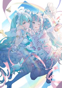Rule 34 | 2girls, ahoge, aqua eyes, aqua hair, aqua necktie, bell, blush, bow, commentary request, dress, fingernails, hair between eyes, hair bow, hatsune miku, heart, heart hands, heart hands duo, highres, jacket, long hair, looking at viewer, multicolored hair, multiple girls, nail polish, necktie, one eye closed, open mouth, pink hair, pink jacket, pink nails, rainbow, signature, single thighhigh, sleeveless, sleeveless dress, smile, star (symbol), striped clothes, striped thighhighs, thighhighs, twintails, twitter username, very long hair, vocaloid, white dress, white rabbit (animal), wings, yurun (yurun ume)