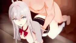 1boy 1girl 3d ahoge alisa_mikhailovna_kujou animated animated_gif arms_under_breasts ass blazer blinking blue_eyes breasts breasts_out breasts_squeezed_together breath classroom clothed_female_nude_male clothes_lift crossed_arms dutch_angle eyebrows eyebrows_hidden_by_hair eyelashes from_above from_side gradient_eyes gradient_hair grey_blazer grey_hair grey_jacket hair_between_eyes hair_ornament hair_ribbon head_tilt hetero huge_ass implied_sex indoors jacket koikatsu_(medium) large_breasts loafers long_hair long_sidelocks long_sleeves looking_at_another looking_to_the_side multicolored_eyes multicolored_hair muscular muscular_male neck_ribbon nipples nose nude one_eye_closed open_clothes open_jacket open_mouth open_shirt red_ribbon reflection reflective_floor ribbon school school_uniform sex sex_from_behind shinaosumata shoes sidelocks skirt skirt_lift smile standing teeth thighhighs thighs tokidoki_bosotto_roshia-go_de_dereru_tonari_no_alya-san tongue tsurime vignetting waist_grab white_hair wink