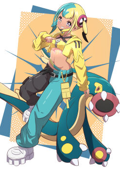 Rule 34 | 1girl, absurdres, aqua hair, bandeau, black mask, blonde hair, blue eyes, blush, breasts, canari (pokemon), colored sclera, commentary request, criss-cross straps, dark-skinned female, dark skin, eel, eelektross, fish, gen 5 pokemon, grin, highres, jacket, lamprey, long sleeves, looking at viewer, mask, mask pull, mega stone, midriff, mouth mask, multicolored hair, navel, nintendo, open mouth, pants, pokemon, pokemon (creature), pokemon legends: z-a, red sclera, rono (lethys), short twintails, small breasts, smile, split-color clothes, split-color hair, sports bra, teeth, twintails, two-tone hair, two-tone mask, two-tone pants, yellow bandeau, yellow jacket, yellow mask, yellow sports bra